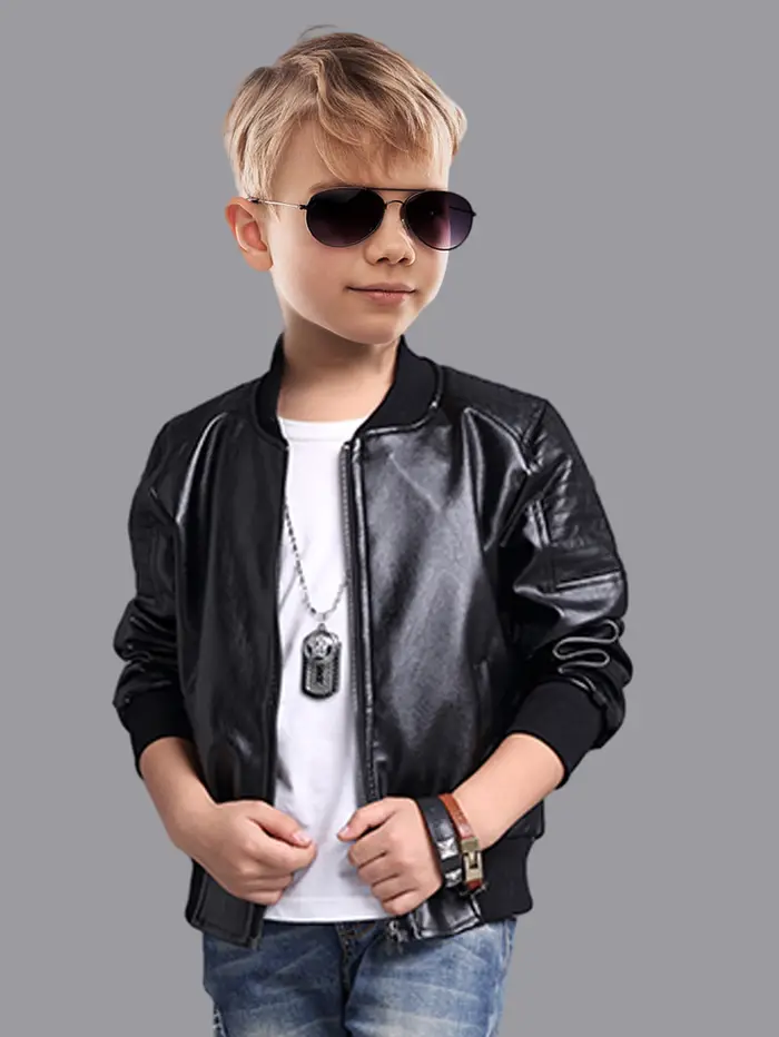 Vêtements pour enfants pour garçons, veste en cuir PU pour enfants plus âgés, veste de style moto d'