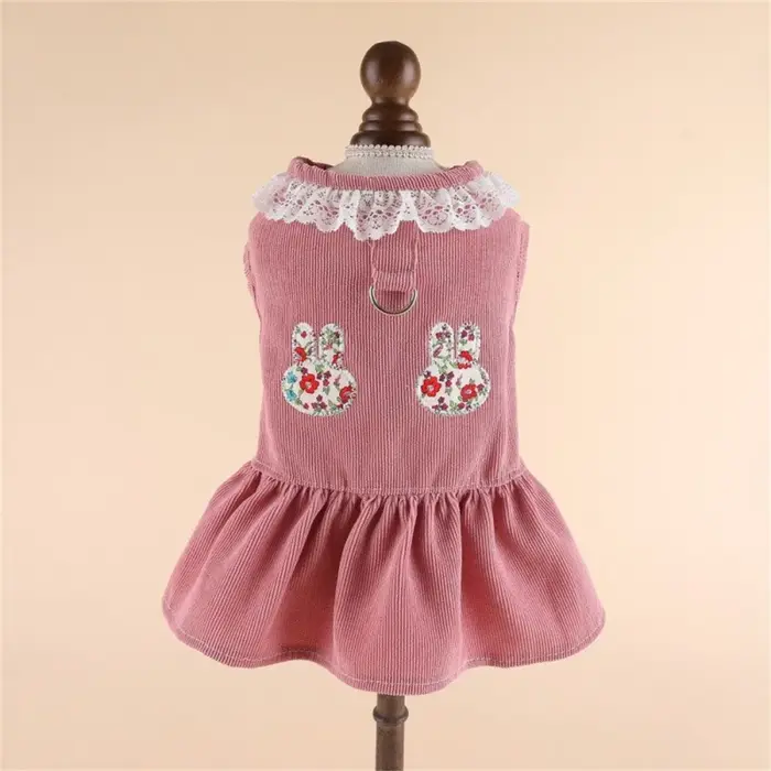 Robe pour chien avec imprimé lapin, tissu en velours côtelé, décor en dentelle et anneau en D, pour 