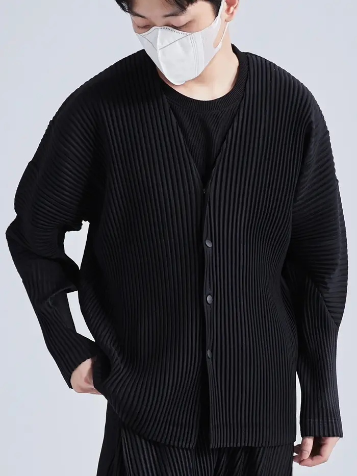 Ata Yake-Veste plissée à col en V pour homme, manteau sans col, simple boutonnage, manches longues, 