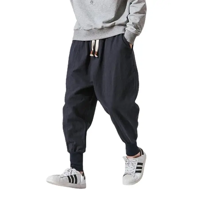 Pantalon sarouel en coton et lin pour hommes, couleur unie, taille élastique, Streetwear, jogging, B