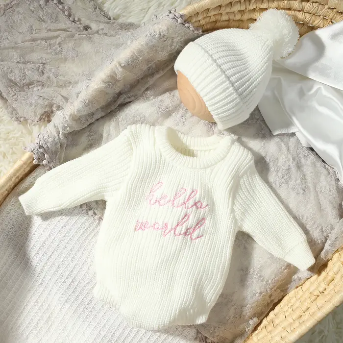 Ylsteed Hello World tricot nouveau-né photographie barboteuse avec chapeau à pompon assorti bébé gar