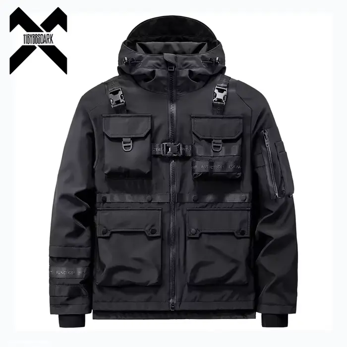 Veste à capuche pour homme, Streetwear Hip Hop, Coupe-vent combiné, Multi-poches, Vêtements fonction