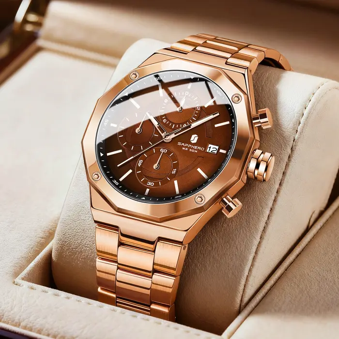 Montre homme or rose SAPPHERO luxe - Montre acier inoxydable étanche 50m - Cadeau Nouvel An