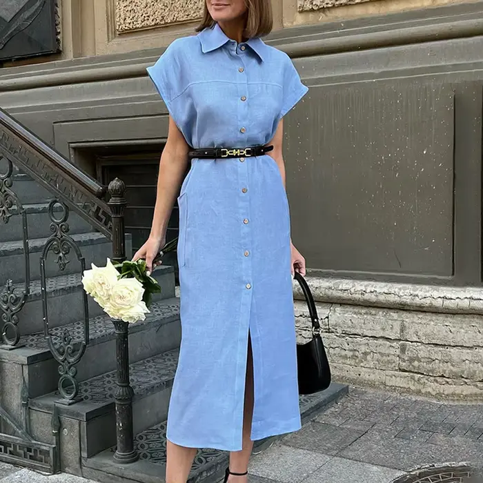 Robe longue d'été élégante pour femme en coton et lin, taille haute, à lacets, style chemise à rever