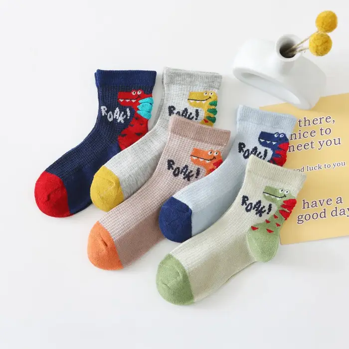 5 paires de chaussettes en coton pour enfants, motif de dinosaure de dessin animé, maille respirante