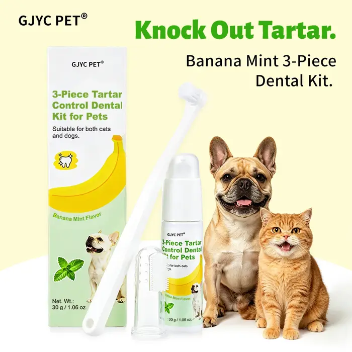 Kit de Soins Dentaires pour Animaux 3 Pièces – Gel Dentifrice Menthe Banane Anti-Tartre et Anti-Plaq