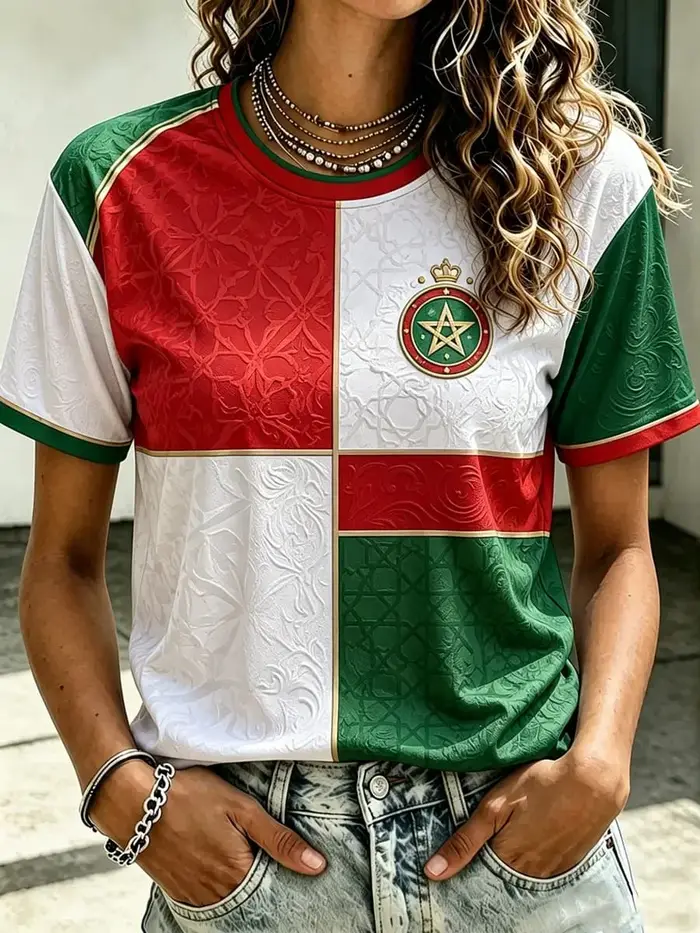 T-shirt de sport décontracté pour femme, col en V, avec drapeau de l'équipe nationale du Maroc 2026,