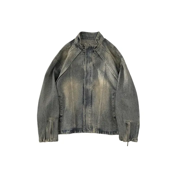 Veste en jean vintage pour homme, veste cargo décontractée à col montant et manches longues, streetwear ample et tendance pour le printemps et l'automne
