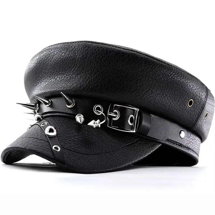 Béret tendance punk Y2k pour femmes, noir Pu, Cool Punk, casquette à pointes de crâne, casquette pla