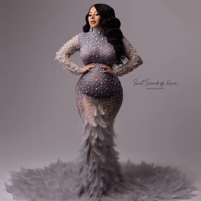 Robe de Sirène Perlée et Pailletée pour Femme Enceinte, Tenue Longue Sexy en Clip et Diamant avec Pl