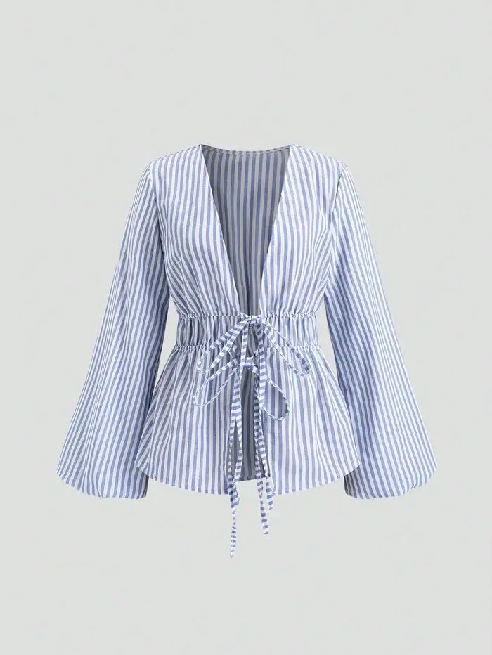Chemise à manches bouffantes avec nœud à nouer rayé