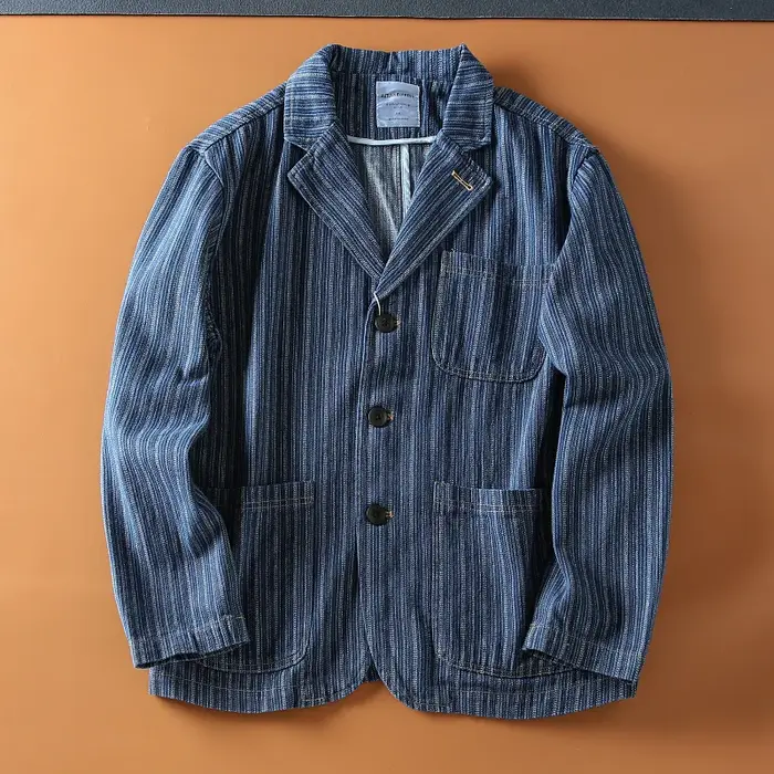 Haute qualité 100% coton japonais rétro Denim corvée Blazer-hommes coupe ample rayé décontracté auto