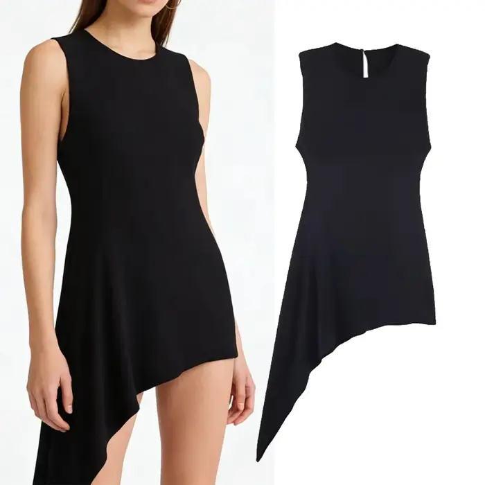 Robe courte polyester à ourlet asymétrique col rond pour femmes style urbain moderne et élégant pour sorties et occasions spéciales