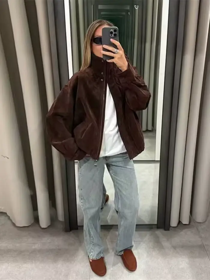 2025 hiver Vintage marron daim vestes amples femmes décontracté col montant poche épais manteau auto