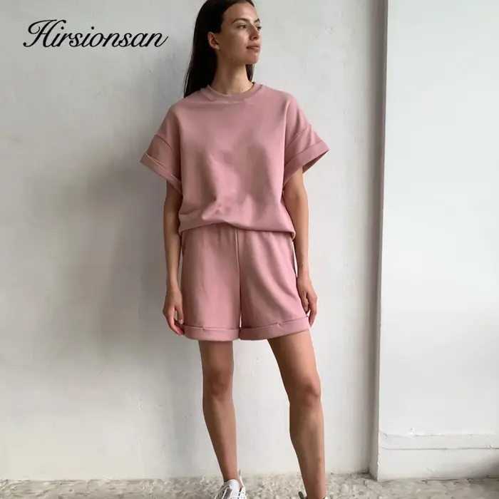 Hirsionsan-Ensemble deux pièces en coton pour femme, t-shirt à manches courtes et pantalon court tai
