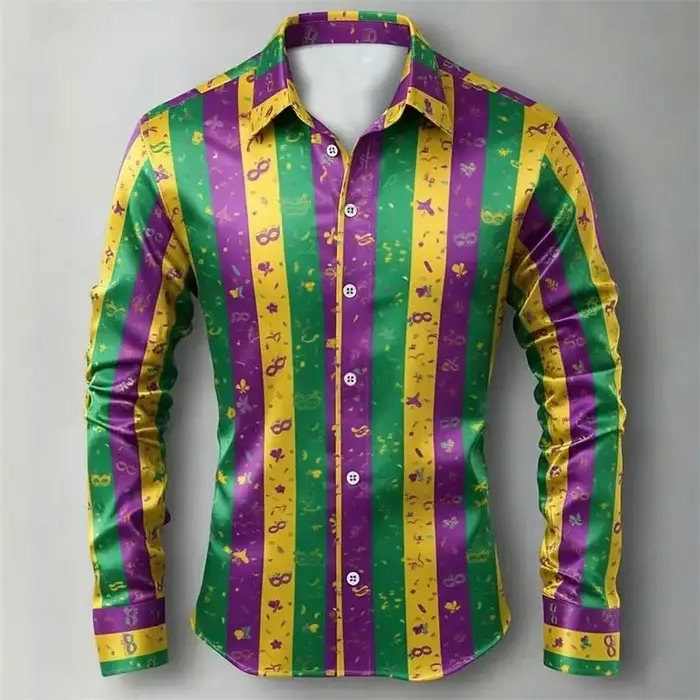 Mardi Gras – chemise à carreaux pour hommes, chemise boutonnée à manches longues, hawaïenne, décontr