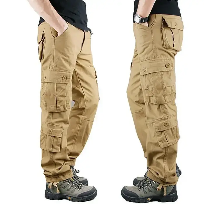 Pantalon cargo homme été printemps automne - Coupe droite ample en coton pur - Multi-poches casual décontracté