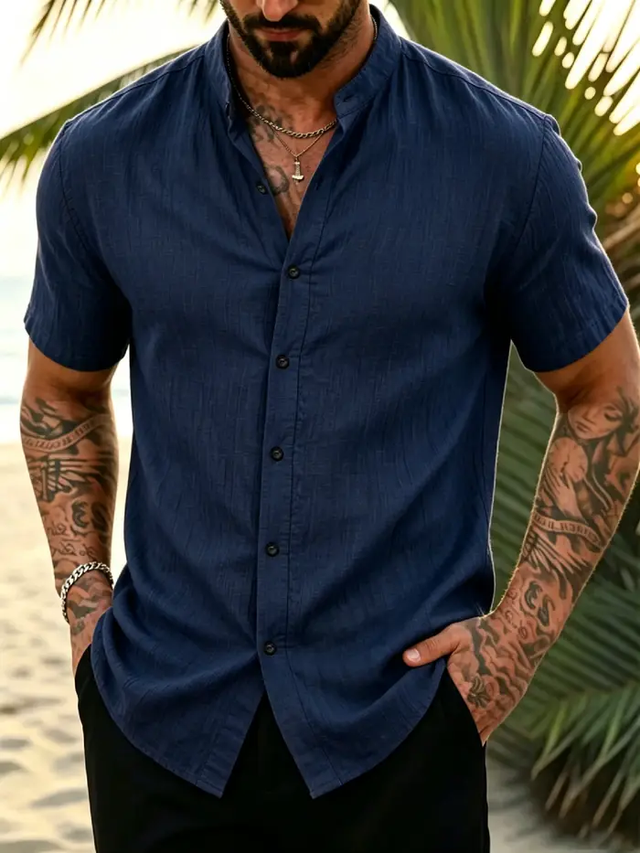Chemise à col montant texturée à manches courtes pour homme, idéale pour les vacances à l'île, avec patte de boutonnage intégrale, en tissu respirant et infroissable pour les vacances à la plage
