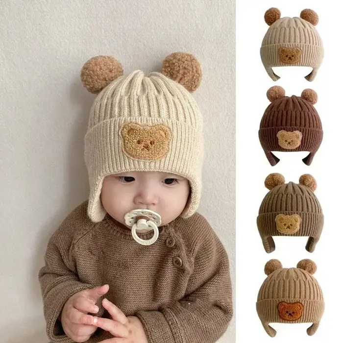 Chapeau en laine pour bébé, ours mignon, protection des oreilles, pour enfants, hiver, épais, chaud,