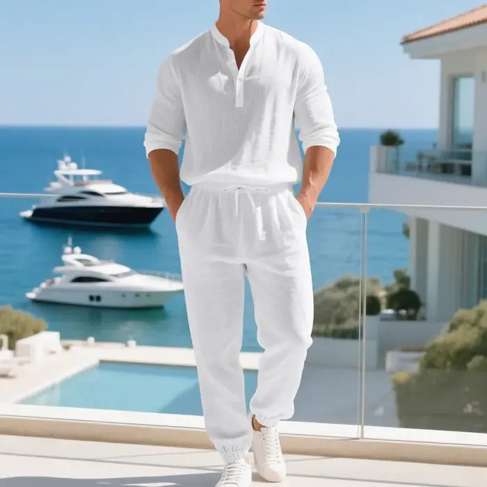 Ensemble américain en lin ample pour hommes, chemise hawaïenne fine Henry, pantalon à manches longue