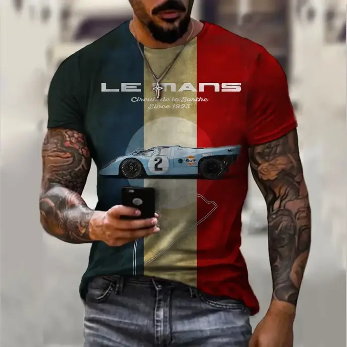 Nouveau t-shirt imprimé en 3D rétro Le Mans pour hommes, grande taille, manches courtes décontractée