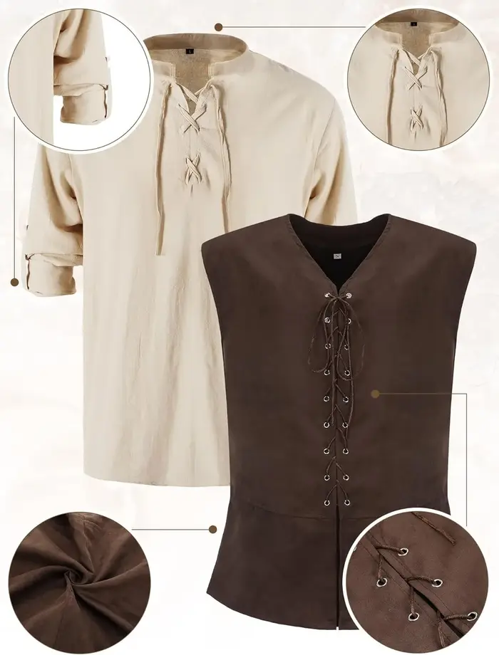 Ensemble de 6 pièces de costume de Renaissance pour homme pour Halloween : Gilet médiéval, chemise, 