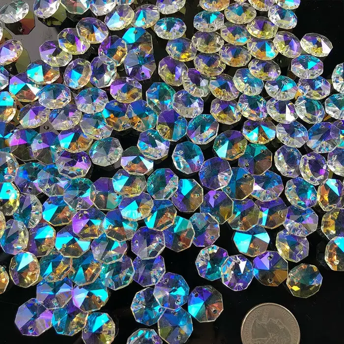Lustre à prisme en cristal poli de couleur AB, perle octogonale, partie Aurora, attrape-soleil, ride