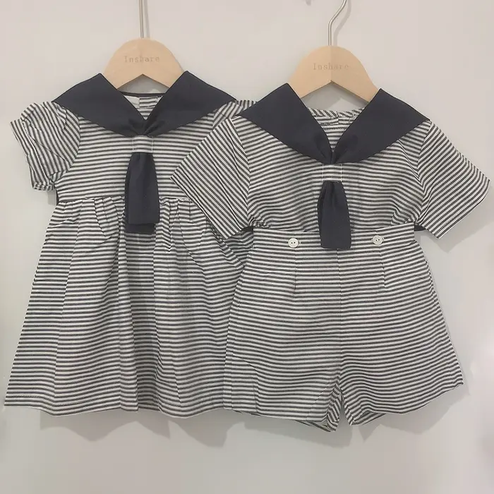 Boutique de vêtements pour enfants, tenue espagnole, rayé, bleu marine, manches courtes, en coton et lin, pour sœurs et frères de 0 à 6 ans
