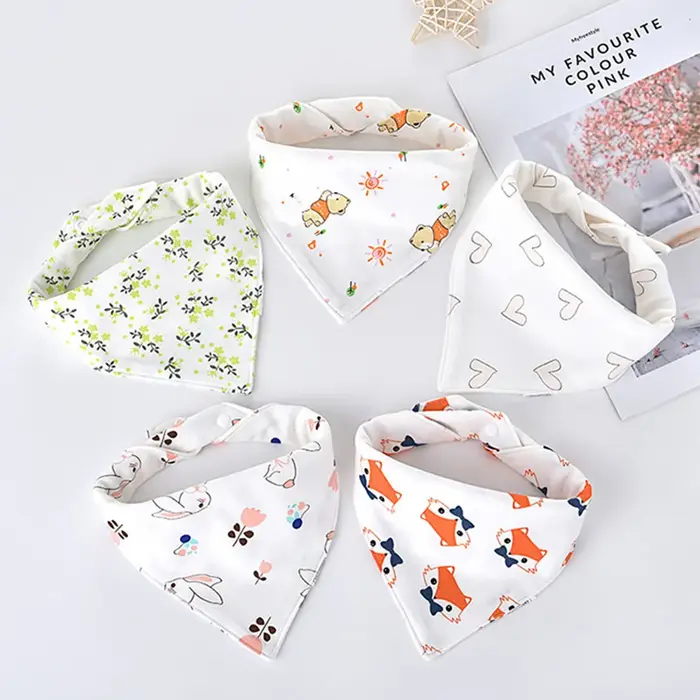 Bavoirs Triangle Double en coton pour bébé, 5 pièces/lot, serviette de salive imprimée de dessin ani