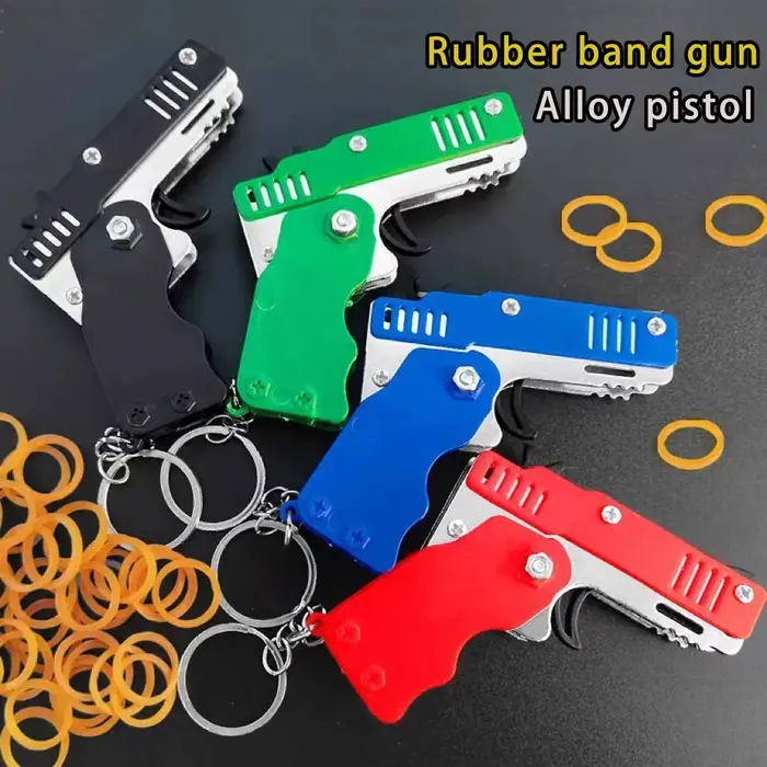 Jouet d'élastique en métal éclaté-Mini jouet de lanceur pliant avec porte-clés et 60 bandes de caout