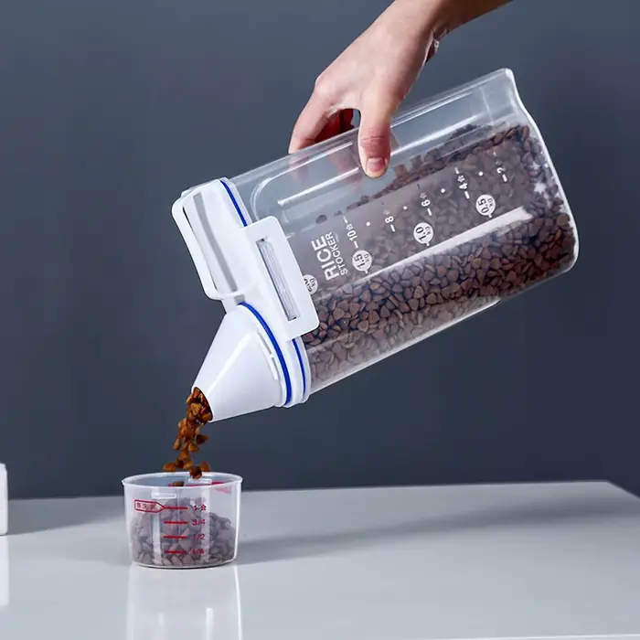 Seau de nourriture pour chien et chat de 2kg, réservoir de stockage en plastique avec tasse à mesure