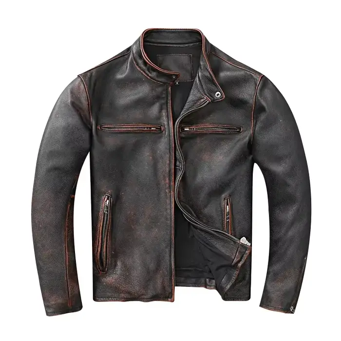 Blouson en cuir homme, court et slim, vintage, rouge, marron, automne