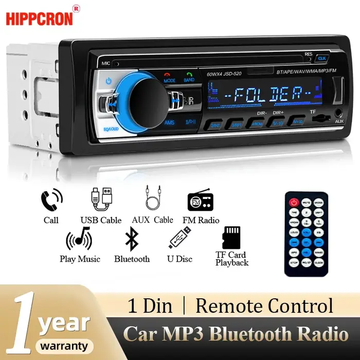Hippcron autoradio 1din stéréo multimédia lecteur MP3 numérique Bluetooth FM Audio musique USB avec 