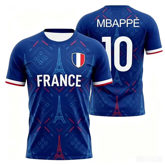Maillot de football Mbappé 10 motif jacquard hexagonal subtil avec lettrage doré et emblème du drapeau français pour hommes et femmes pour toutes les saisons et occasions spéciales