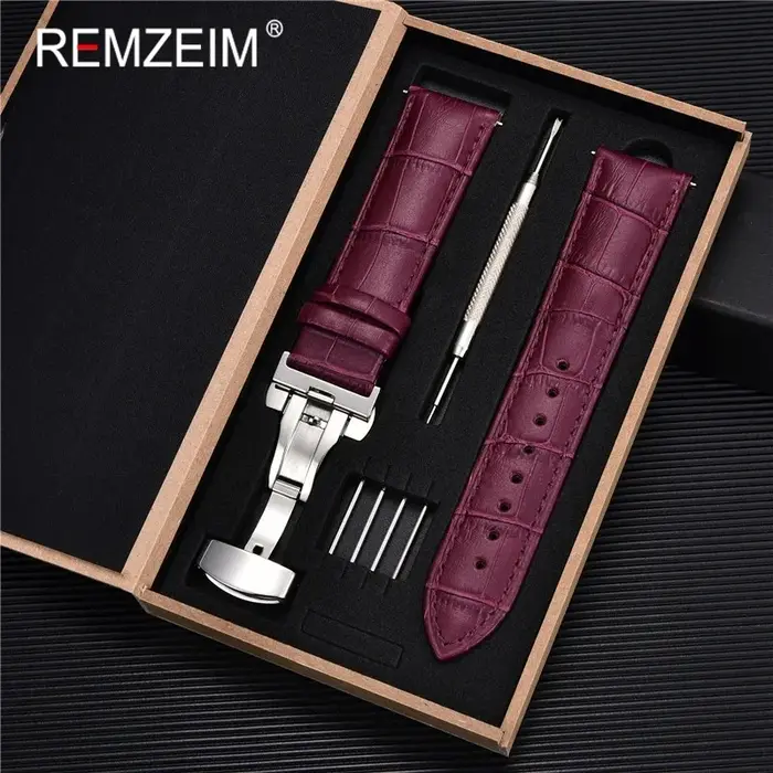 Bracelet montre cuir véritable 18-24mm boucle papillon homme femme remplacement strap + boîte