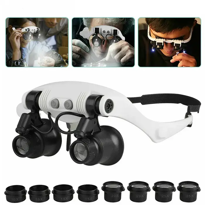 Loupes 10X 15X 20X 25X lumière LED lampe tête Loupe bijoutier bandeau Loupe lunettes verre optique o