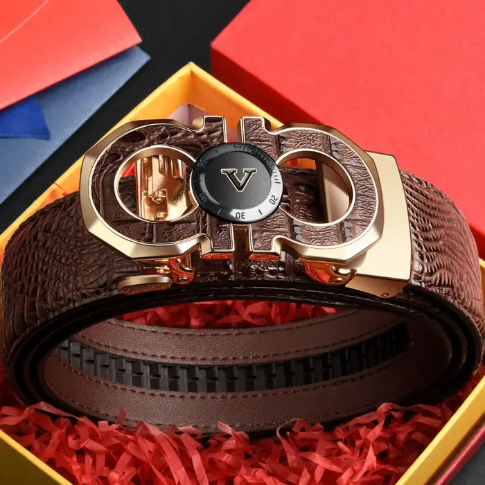 Ceinture élégante à boucle automatique pour hommes – Véritable motif carré texturé en faux, noir, de