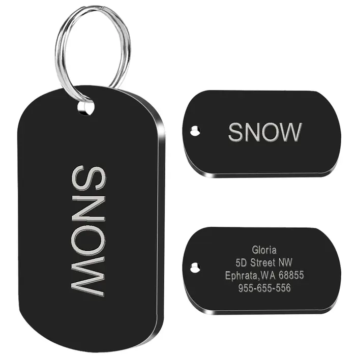 Plaque d'identification en acier inoxydable personnalisable pour chien avec nom, adresse et numéro de téléphone - disponible en noir, bleu, argent, or - taille petite et grande - accessoire de collier élégant pour promenade canine et compétitions - cadeau idéal pour animaux de compagnie