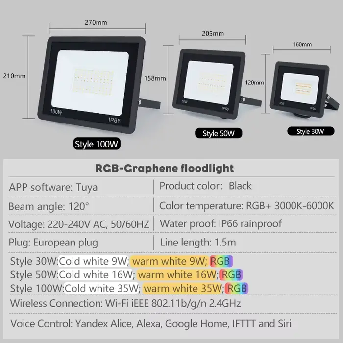 TUYA RGB Projecteur Smart APP Contrôle Vocal RGBCW CCT 3000-6500K 30W 50W 100W 220V AC Pour Garden Party Éclairage Extér