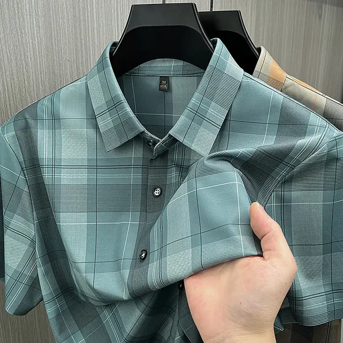 Chemise en lin pour homme, nouvelle mode, chemise à carreaux à manches courtes, chemise en lin à col