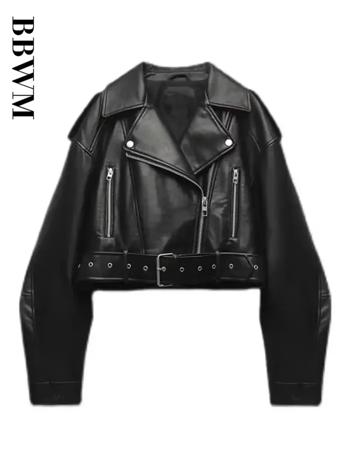 BBWM femmes surdimensionné Vintage ample Pu Faux cuir veste courte avec ceinture Streetwear femme fe