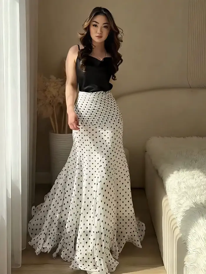 Jupe longue sirène à pois taille haute et ourlet à volants moulante pour femme BJTZ Printemps-Été 20