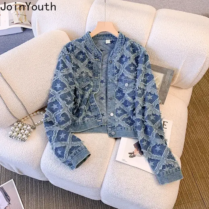 Veste en jean pour femmes, style décontracté, vintage et streetwear, vêtement d'extérieur pour toutes les saisons, col rond, polyester et coton, boutonnière simple, ajustement parfait