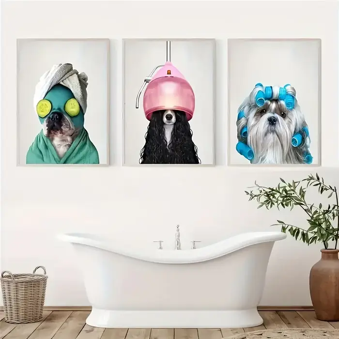 Spa chiens mur Art ensemble de 3, impressions sur toile affiches d'animaux décor de salle de bain, d