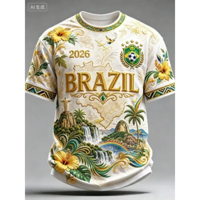 T-shirt graphique de l'équipe nationale de football du Brésil 2026, unisexe, imprimé en 3D, respirant, à séchage rapide, manches courtes