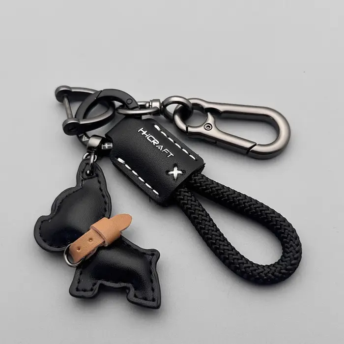 Porte-clés bouledogue français en cuir véritable fait à la main, porte-clés en corde tressée avec sa