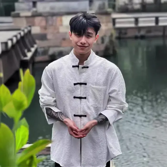 Chemise boutonnée à col montant Style chinois en polyester pour hommes avec broderie pour occasions décontractées printemps