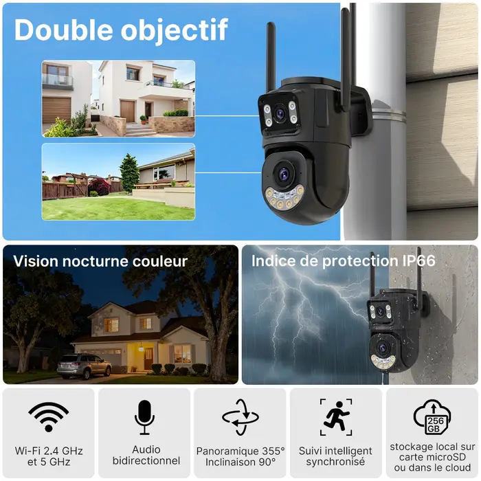 Caméra PTZ WiFi extérieure double objectif 2.4G/5GHz suivi automatique surveillance sécurité iCsee