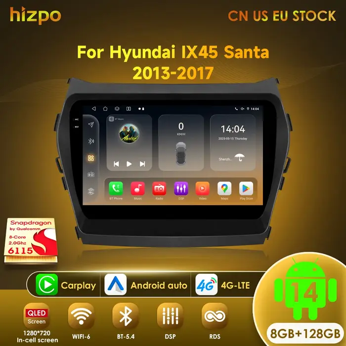 Hizpo Carplay Android 14 pour Hyundai IX45 Santa Fe 2013-2017 autoradio lecteur multimédia vidéo GPS