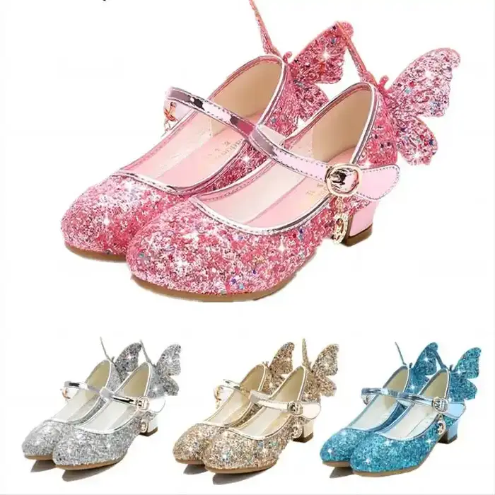 Chaussures princesse papillon en cuir pour enfants, chaussures à talons hauts avec nœud papillon en 